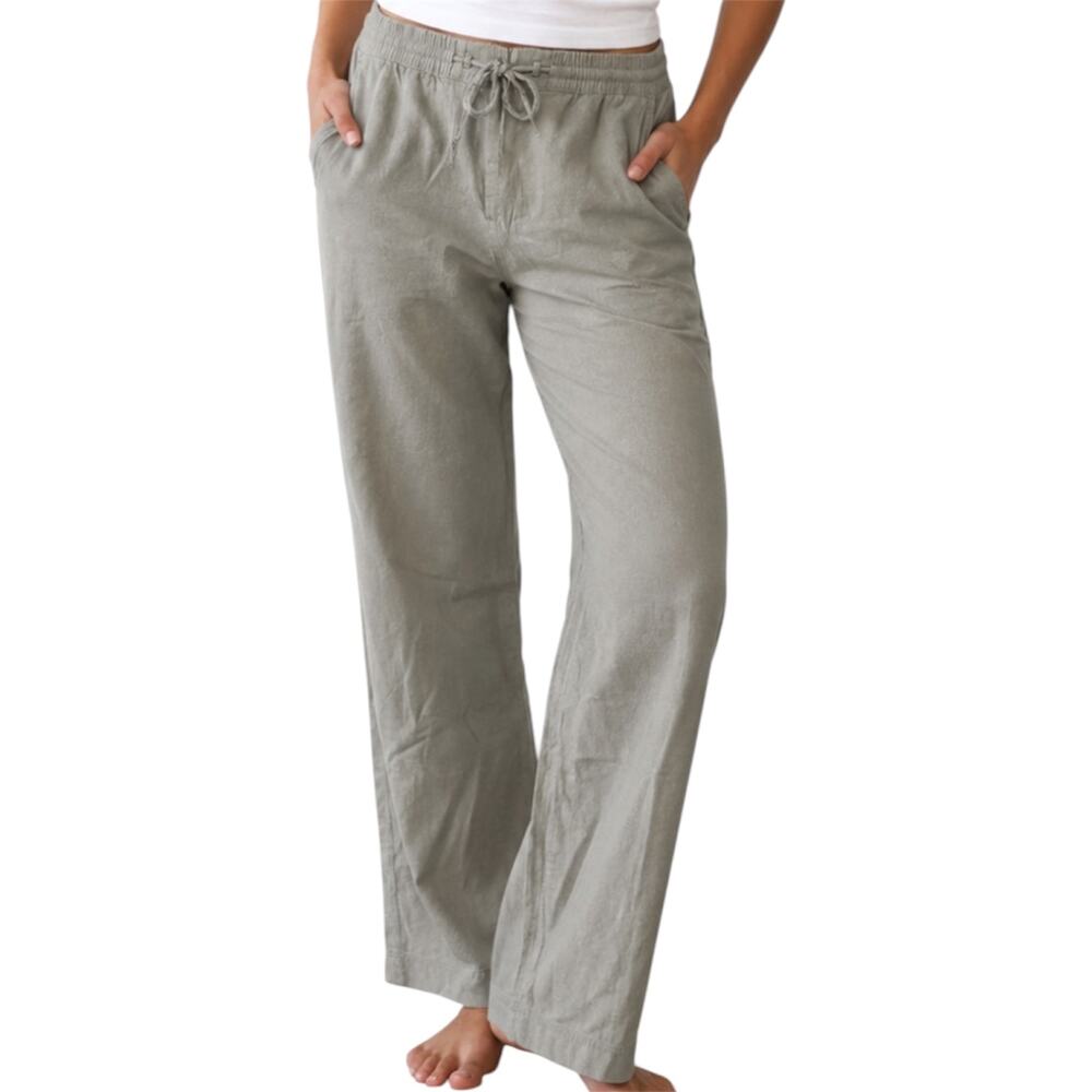 Talbots Linen Pants Elastic Drawstring Waist Pockets Zip Wide Leg Cream 16 38x31